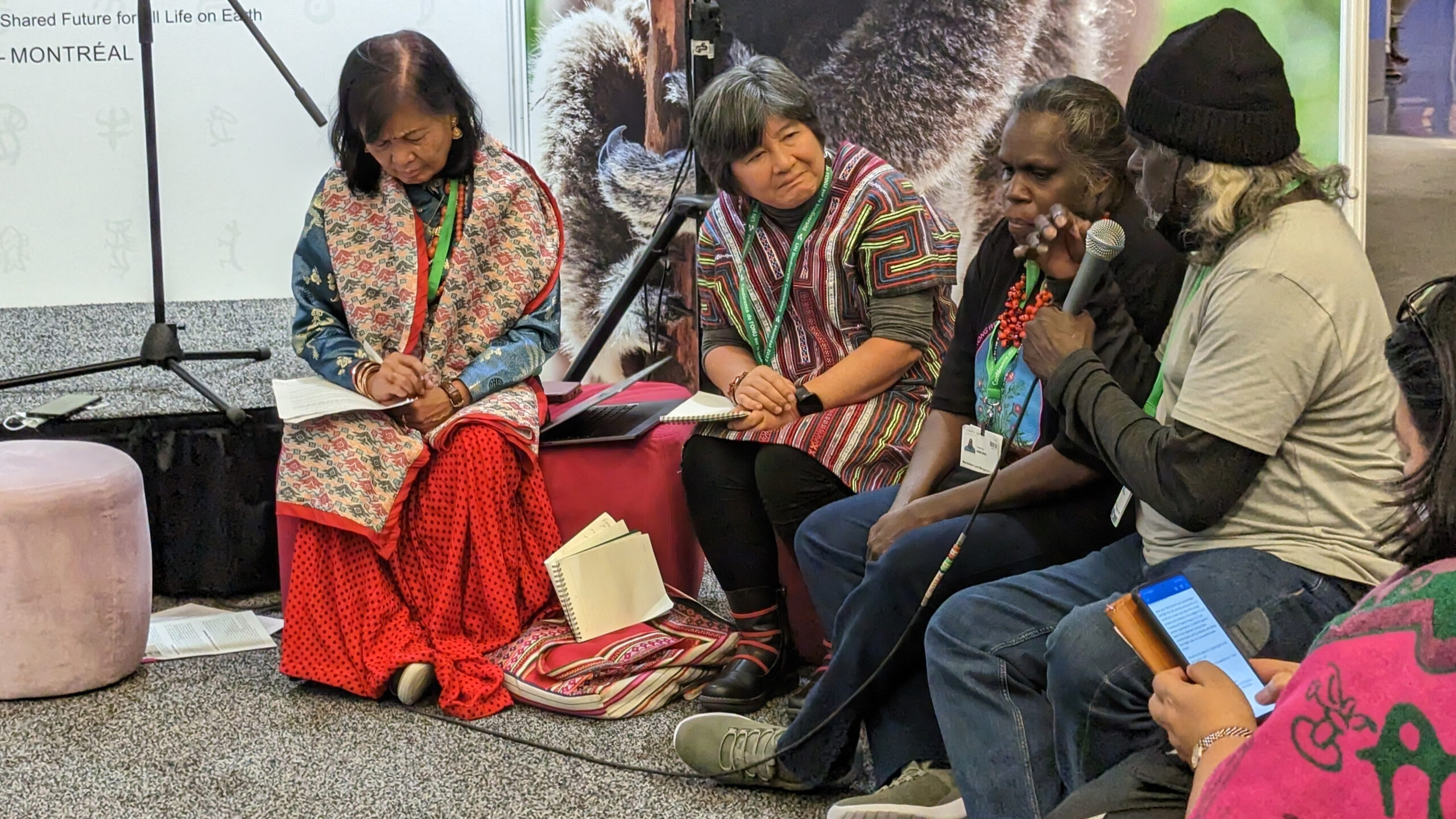 Rosemary Nabulwad and Conrad Maralngurra (Warkkeden Land Management, Australia) introduce the Warddeken Indigenous Protected Area during the 15th Conference of Parties to the UN Convention on Biological Diversity in Montreal. Photo: David Rotschild.